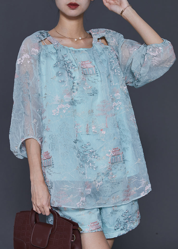 Boutique Sky Blue Embroidered Silk Two Pieces Set Summer