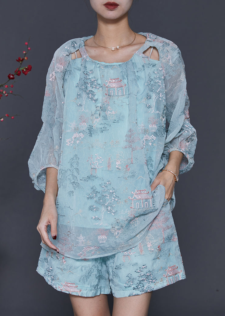 Boutique Sky Blue Embroidered Silk Two Pieces Set Summer