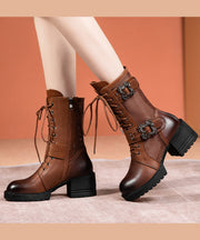 Boutique Splicing Chunky Boots Coffee Hollow Out Cowhide Leather