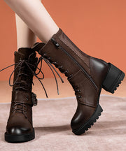 Boutique Splicing Chunky Boots Coffee Hollow Out Cowhide Leather