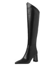 Boutique Splicing Chunky Knee Boots Black Cowhide Leather Pointed Toe