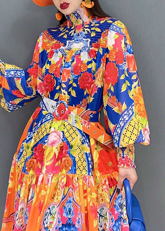 Boutique Stand Collar Print Sashes Wrinkled Chiffon Dress Lantern Sleeve