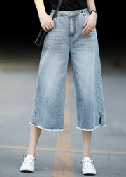 Boutique Streetwear Blaue Taschen mit hoher Taille Baumwoll-Denim-Hose mit weitem Bein Sommer