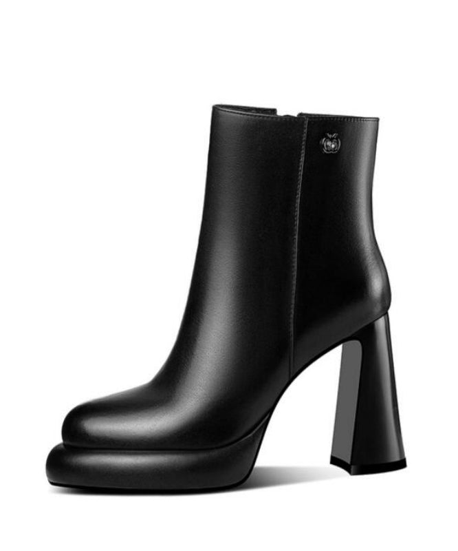 Boutique Stylish Chunky Heel Boots Black Cowhide Leather