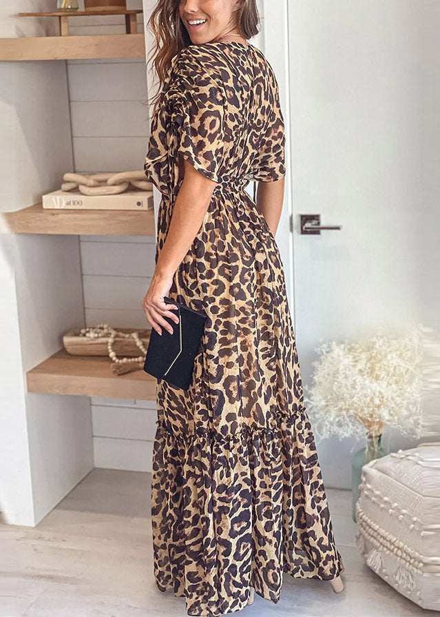 Boutique V Neck Leopard Print Patchwork Ruffled Cinch Long Dresses Short Sleeve