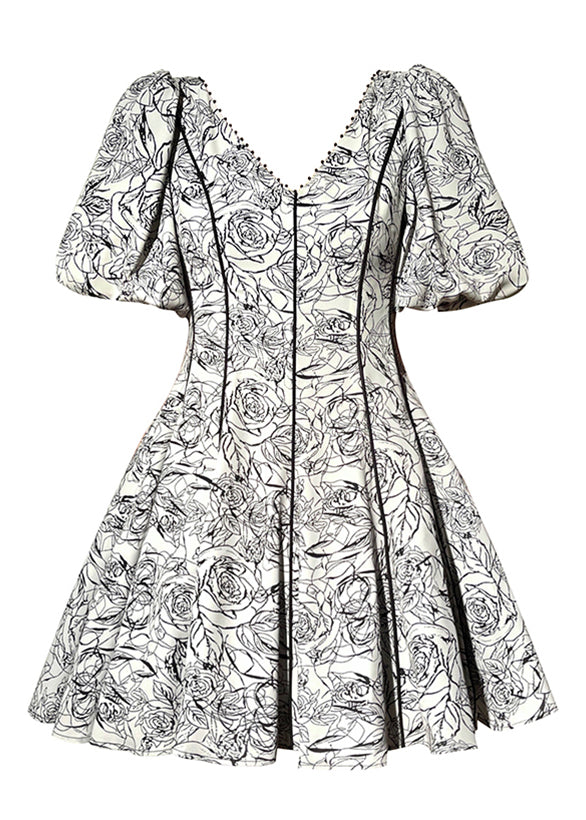 Boutique V-Ausschnitt Print Nail Bead Silk Mid Dress Kurzarm
