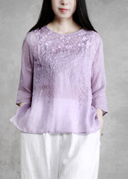 Boutique Leinenhemden mit langem Ärmel und besticktem Blumenmuster und O-Ausschnitt in Violett