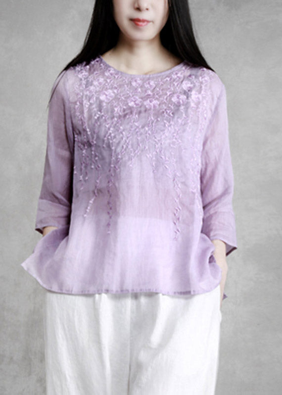 Boutique Violet O-Neck Embroidered Floral Linen Shirts Long Sleeve