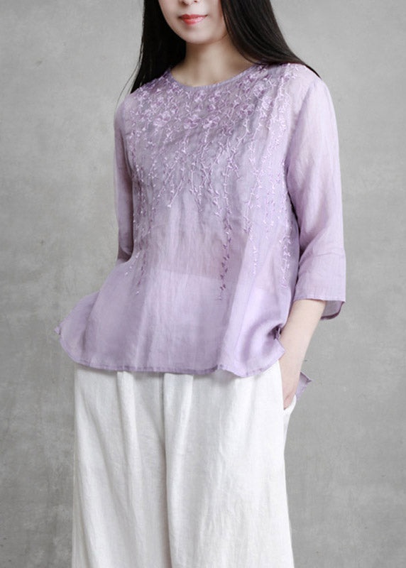 Boutique Leinenhemden mit langem Ärmel und besticktem Blumenmuster und O-Ausschnitt in Violett