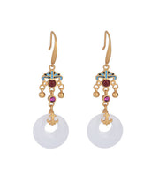 Boutique White Ancient Gold Enamel Cloisonne Jade Ping Buckle Drop Earrings