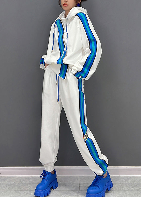 Boutique White Asymmetrical Zippered Striped Hooded Coats And Pants Two Piece Set Fall