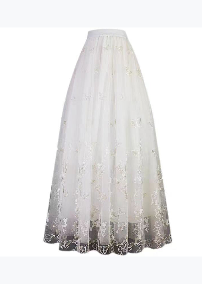 Boutique White Embroidered Butterfly High Waist Tulle Skirt Spring