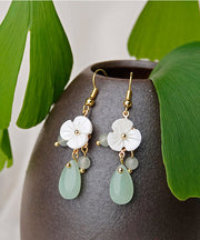 Boutique White Flower Jade 14K Gold Drop Ohrringe