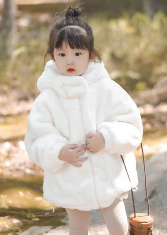 Boutique White Hooded Pockets Fluffy Girls Coat Long Sleeve