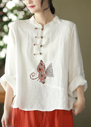 Boutique Weißes Leinenhemd mit O-Ausschnitt und bestickten Blumenknöpfen, langärmlig
