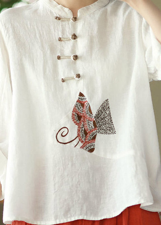 Boutique White O-Neck Embroidered Floral Button Linen Shirt Long Sleeve