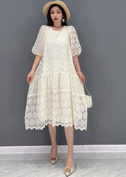 Boutique White O-Neck Patchwork Lace Long Dress Half Sleeve