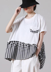 Boutique White Patchwork Plaid Pockets Cotton Shirt Tops Short Sleeve Summer - SooLinen