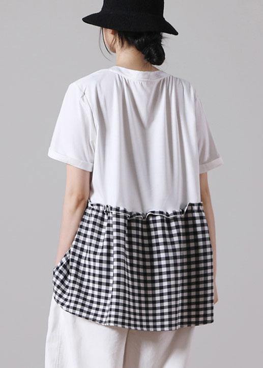 Boutique White Patchwork Plaid Pockets Cotton Shirt Tops Short Sleeve Summer - SooLinen