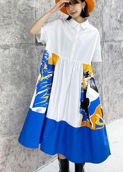 Boutique White Patchwork Print Button Dress Summer Cotton Dress - SooLinen