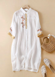 Boutique White Peter Pan Collar Embroidered Patchwork Linen Shirts Dresses Summer