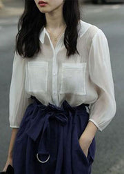 Boutique White Peter Pan Collar Patchwork Chiffon Top Spring