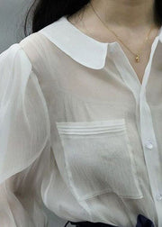 Boutique White Peter Pan Collar Patchwork Chiffon Top Spring