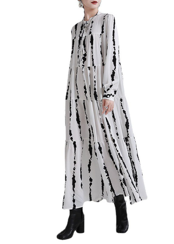 Boutique White Print Patchwork Asymmetrical Design Fall Vacation Dresses Long sleeve