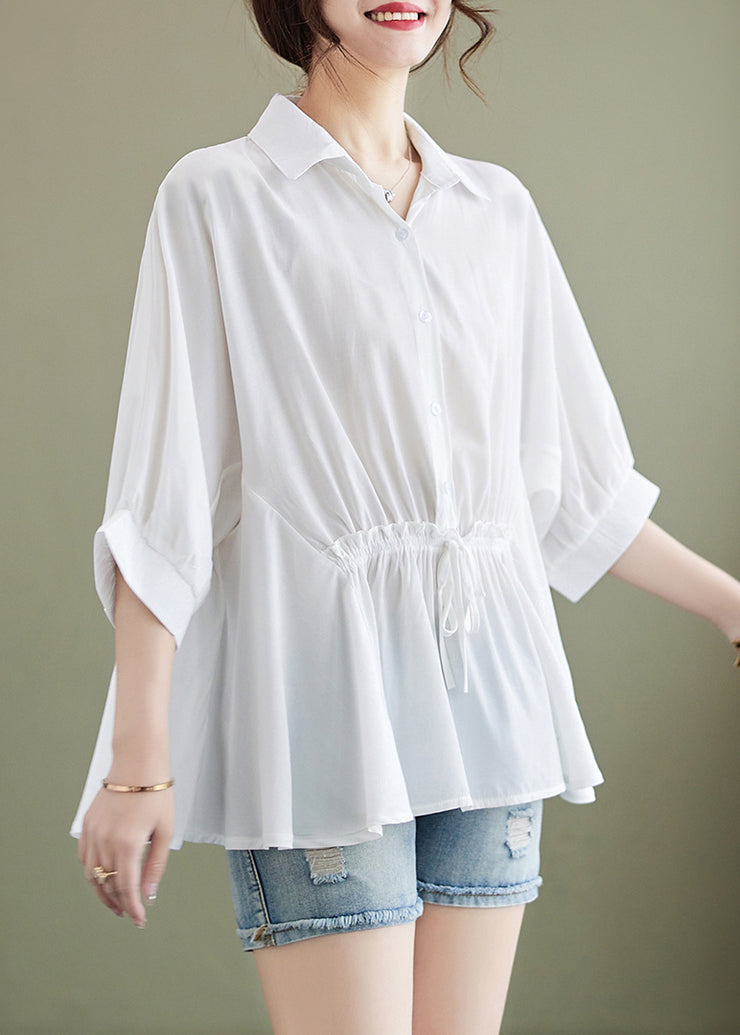Boutique White Ruffled Cinched Cotton Blouse Top Summer