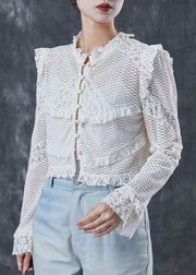 Boutique White Ruffled Patchwork Lace Blouse Tops Spring