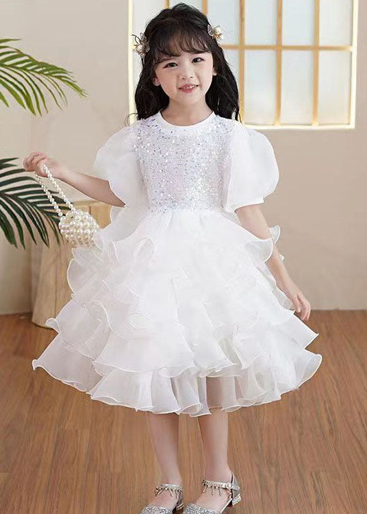 Boutique White Ruffled Sequins Patchwork Tulle Kids Girls Party Dresses Summer
