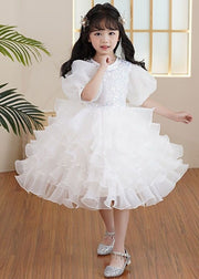 Boutique White Ruffled Sequins Patchwork Tulle Kids Girls Party Dresses Summer