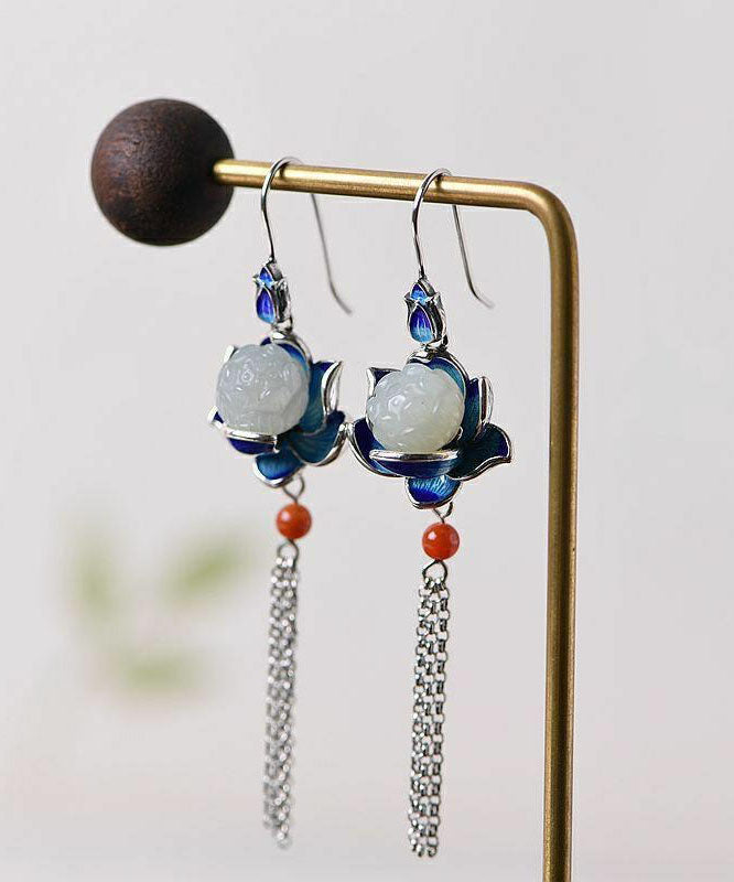 Boutique White Sterling Silver Inlaid Agate Cloisonne Lotus Drop Earrings