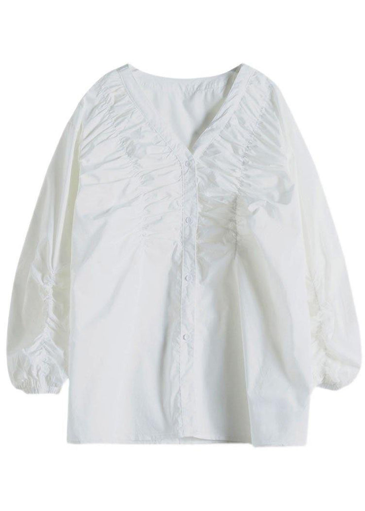 Boutique White V Neck Button Casual Fall Long sleeve Blouse Top - SooLinen