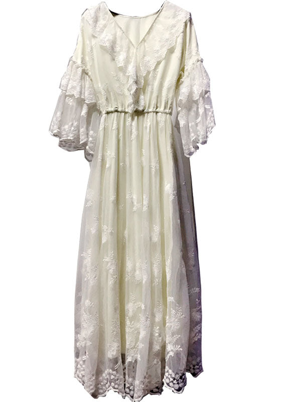 Boutique White V Neck Embroidered Ruffles Lace Maxi Dress Flare Sleeve