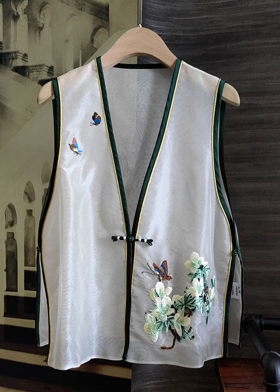 Boutique White V Neck Patchwork Embroidered Side Open Silk Vest Sleeveless