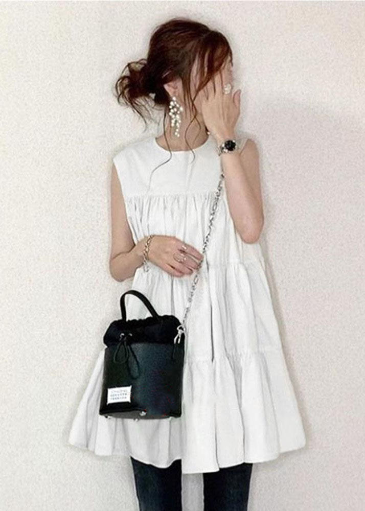 Boutique White Wrinkled Patchwork Cotton Mini Dresses Sleeveless