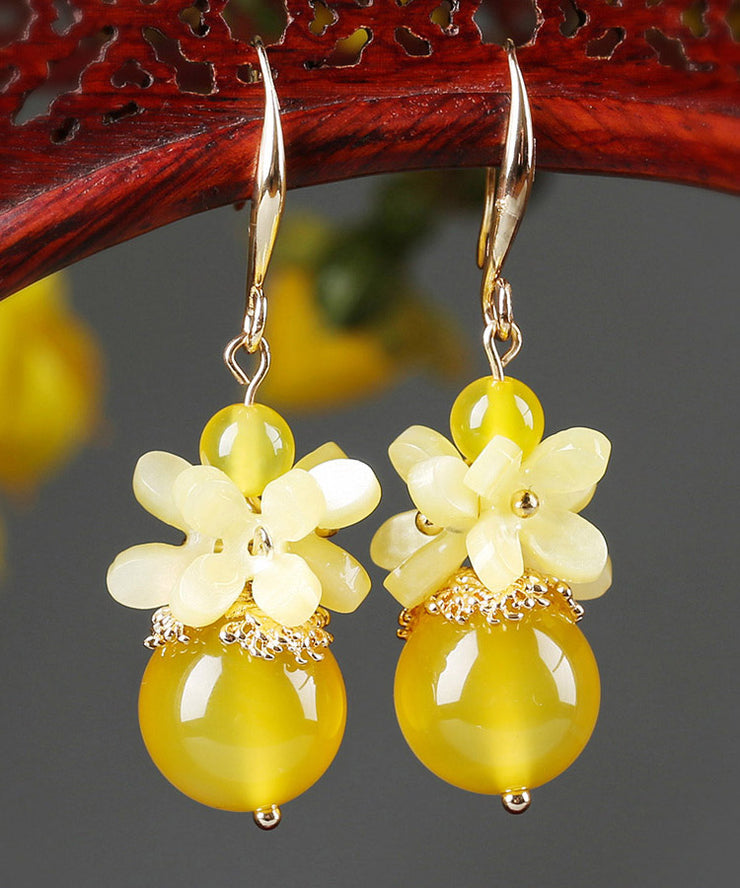 Boutique Yellow Agate Copper Jade Floral Drop Earrings