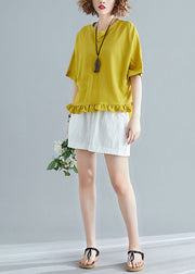 Boutique Yellow Asymmetrical Patchwork Ruffled Cotton T Shirt Short Sleeve