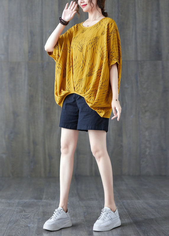 Boutique Yellow Asymmetrical Wrinkled Cotton Tank Top Batwing Sleeve