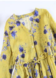 Boutique Hemdkleid aus Leinen mit V-Ausschnitt und langen Ärmeln, gelb