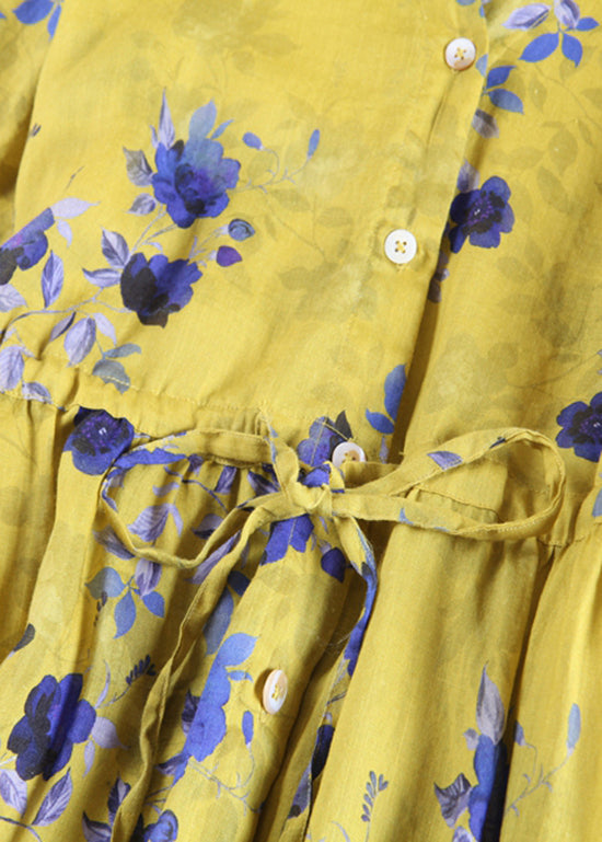 Boutique Yellow Button V Neck Print Linen Shirt Dress Long Sleeve