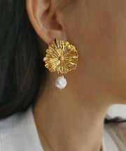Boutique Yellow Copper Overgild Little Daisy Pearl Tassel Drop Earrings