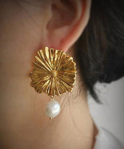 Boutique Yellow Copper Overgild Little Daisy Pearl Tassel Drop Earrings