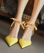 Boutique Yellow Cowhide Leather High Heels Beading Bow Lace Up Splicing
