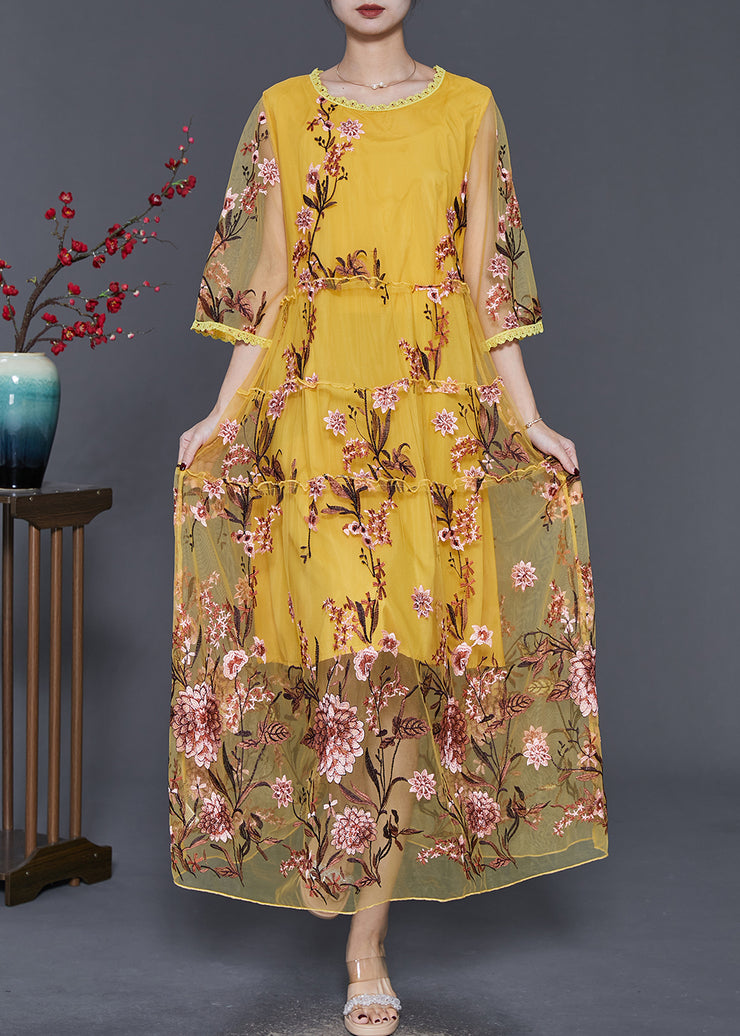 Boutique Yellow Embroidered Hollow Out Tulle Party Dress Summer