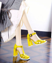 Boutique Yellow Faux Leather Splicing Buckle Strap Chunky Heel Sandals