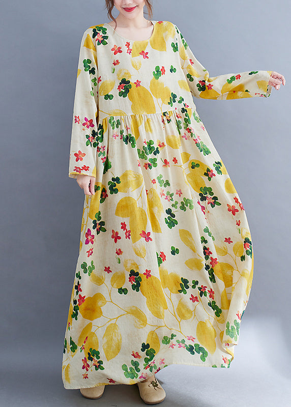 Boutique Yellow Floral O-Neck Cinched pockets Beach Dress Long Sleeve