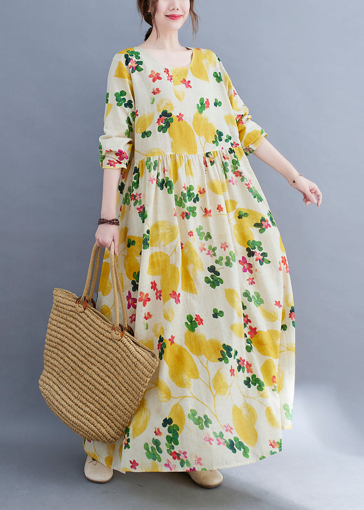 Boutique Yellow Floral O-Neck Cinched Taschen Strandkleid mit langen Ärmeln