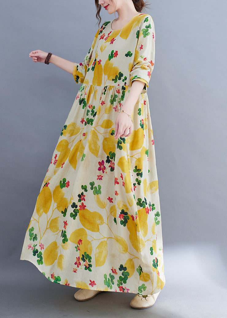 Boutique Yellow Floral O-Neck Cinched pockets Beach Dress Long Sleeve